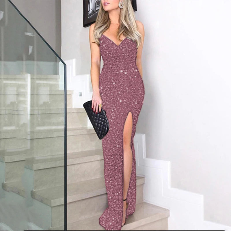 Women Sexy One Shoulder High Split Irregular Dress New Fashion Shiny Sequin Long Evening Lady Elegant Party Dress.  S-3X