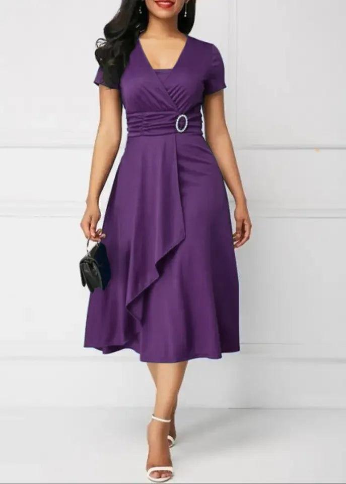 Elegant Women Solid Colour Short Sleeve V Neck Midi Party Dress.  S-5X