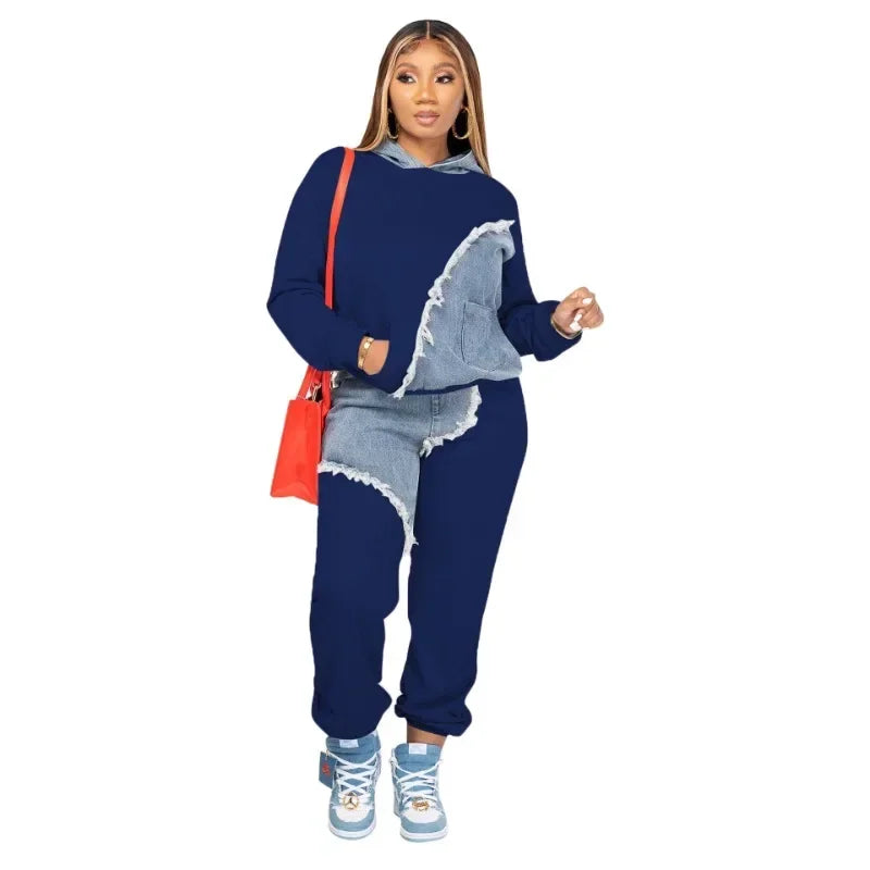 Women Denim Pocket Design Hoodie Top & Loose Pants Two Piece Set Fashion Street-Wear.  S-3X