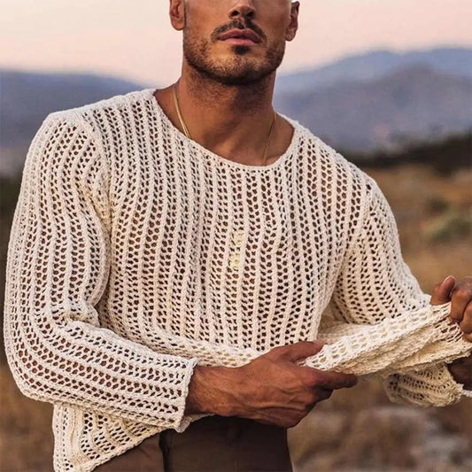 Men's Sexy Mesh Long Sleeve Round Neck Top