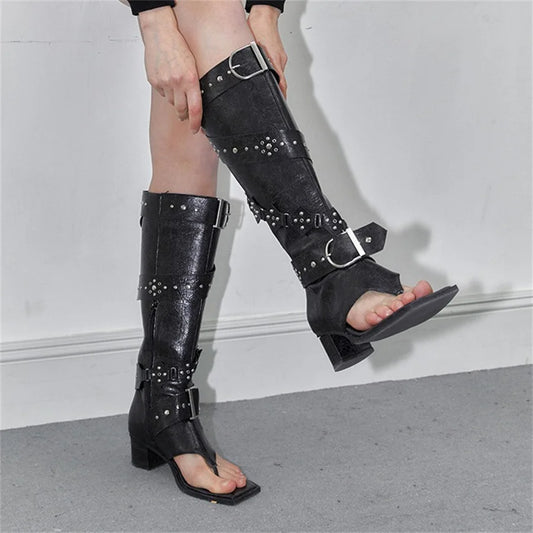 Retro Women Gladiator Open Toe Chunky Heel Summer Boots Fashion Runway Knight Sexy Sandals