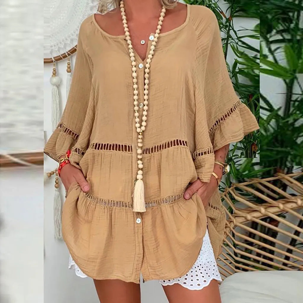 Sexy Loose Hollow Out Dress/Top Summer V Neck Cotton Linen Baggy Dress/Top Oversized S-5XL
