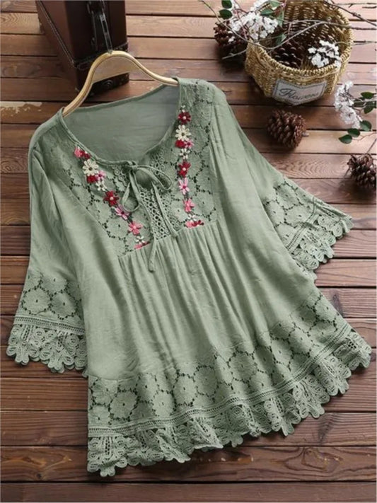 Ladies Solid Cotton And Linen Stitching Lace Flower V-neck Loose Fit Blouse.