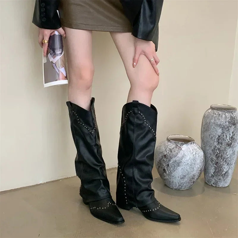 Woman Cowgirl Boots Fashion Slip On Elegant Square Heel
