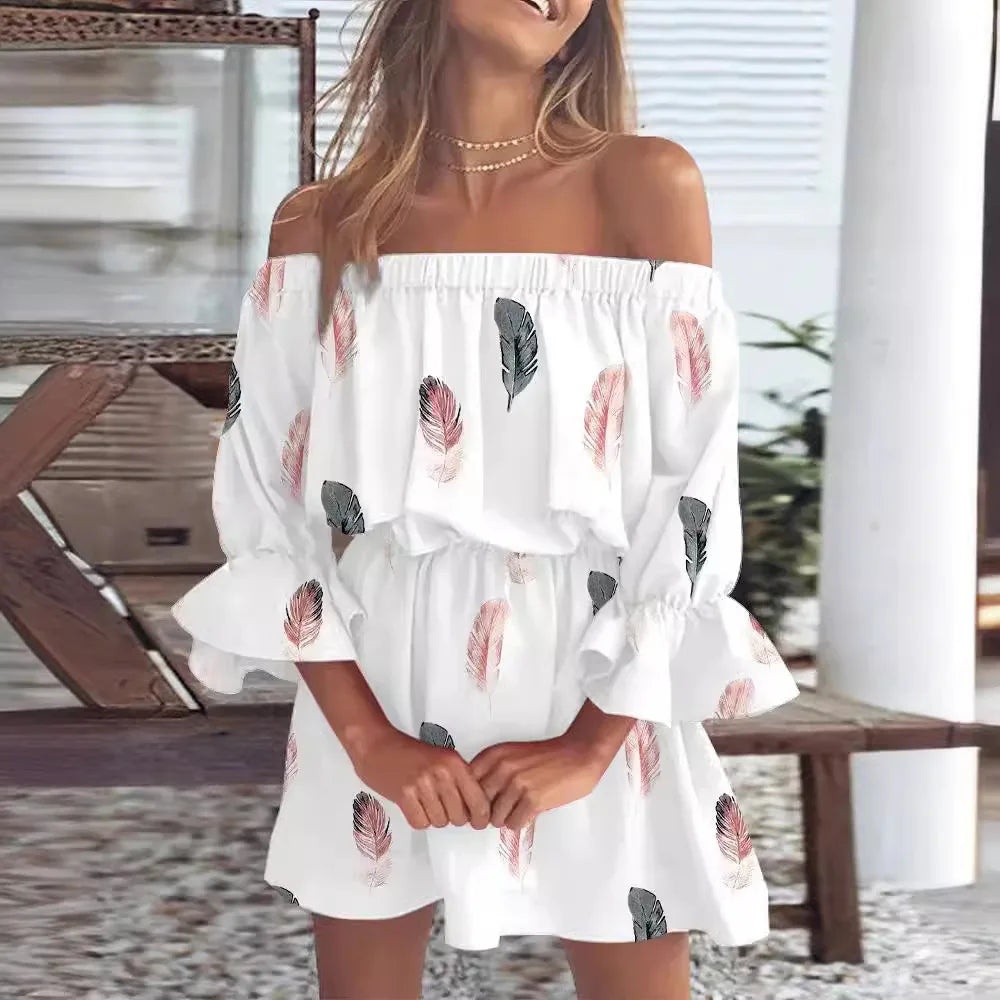 Sexy Neck Long Flare Sleeve Floral Print Mini Summer Boho Style Dress.  S-3x