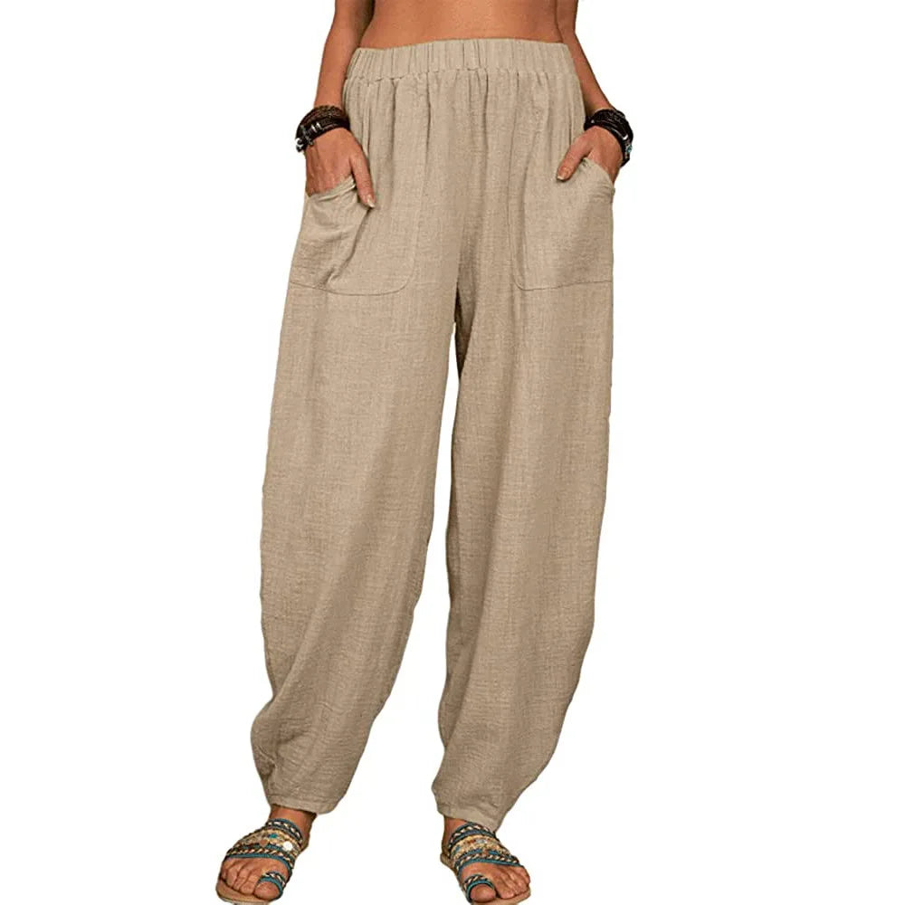 Summer Cotton Linen Pants for Ladies Full Length Casual Pants Loose Fit With High Waist.