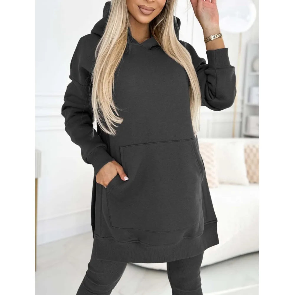 New Casual Hoodie Women's Solid Colour Simple Fashion Pocket Thick Thread Casual Leggings 2 Piece Set.  S-3x