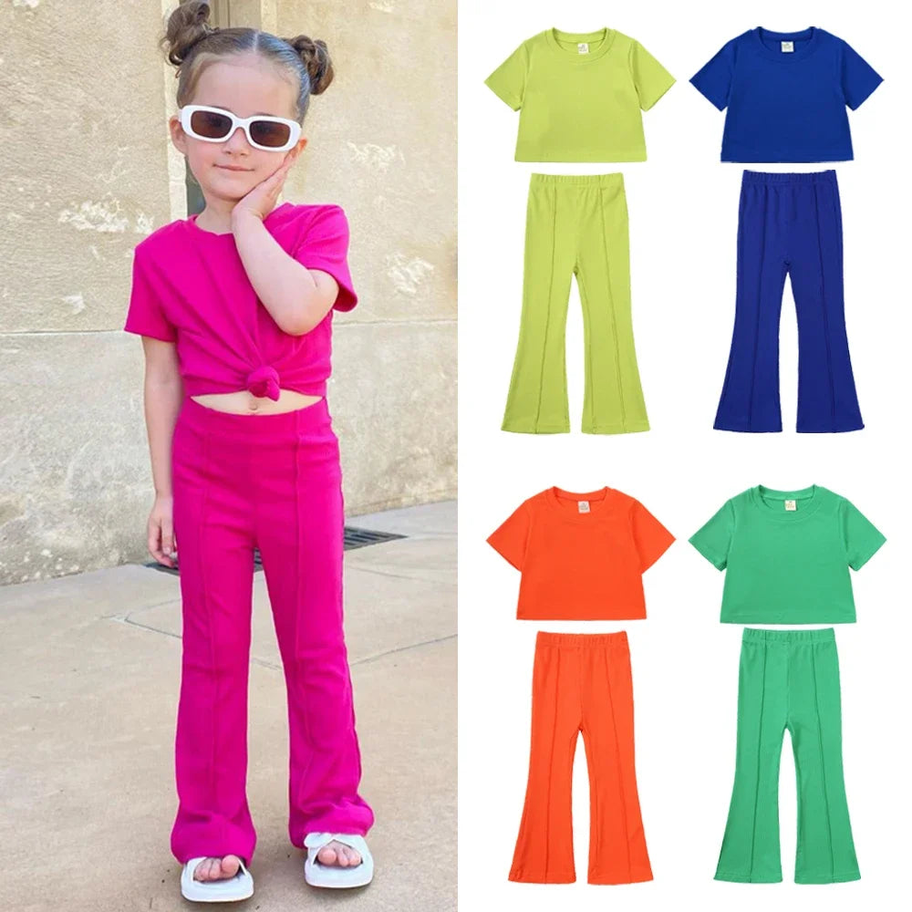 2025 Summer Girl Bell Bottom Outfits 2pcs Solid Cotton T-shirt Pants Suit For Children Teenage Girls Fashion Tracksuit Clothes