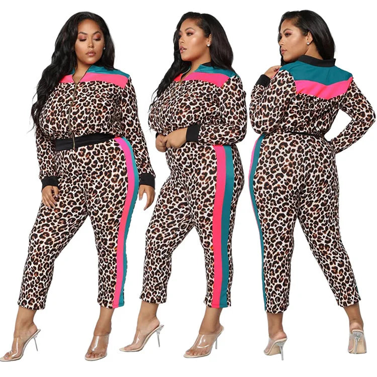 Curvy Size Two-piece Set, Fashion Sexy Leopard Jacket + Pants Suit Casual Wear