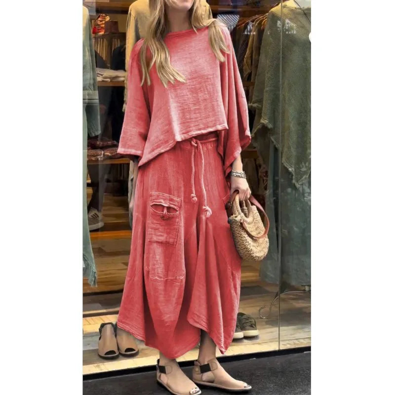 Casual Solid Cotton Linen 2 Piece Sets Women Spring O Neck Top Pullover Belted Skirt Outfit Fall 3/4 Sleeve Loose Suit