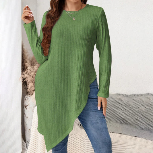 Women's Irregular Hem Ribbed Knit Top Blouses Plus Size Winter Long Sleeve Round Neck Long T-shirts Streetwear Pullovers Clothes
