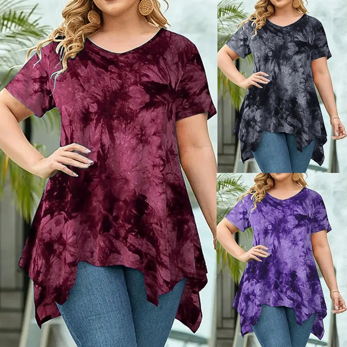 Plus Size Woman Short Sleeve Casual V Neck Loose Top.