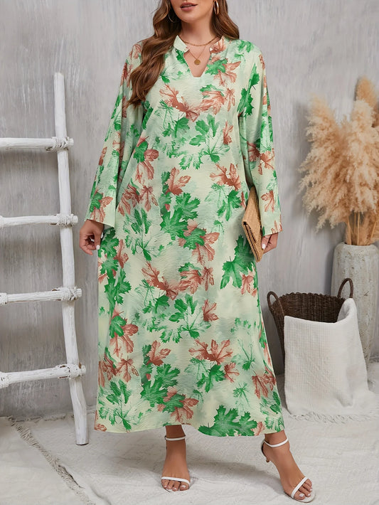 Plus Size 1XL-5XL V-neck Dress Beautiful Maple Leaf Print Loose Straight Elegant Dress