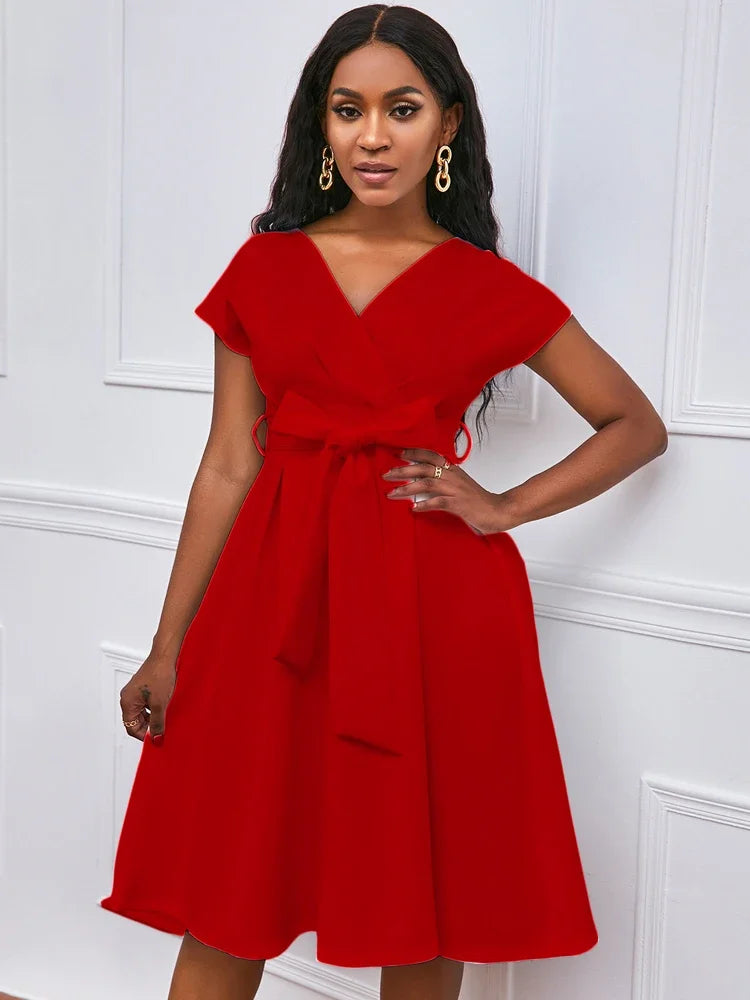 Women V Neck Dress Pleated A Line with Waist Belt Party Fashion Female African Event Occasion Prom White Celebrate Elegant Robes