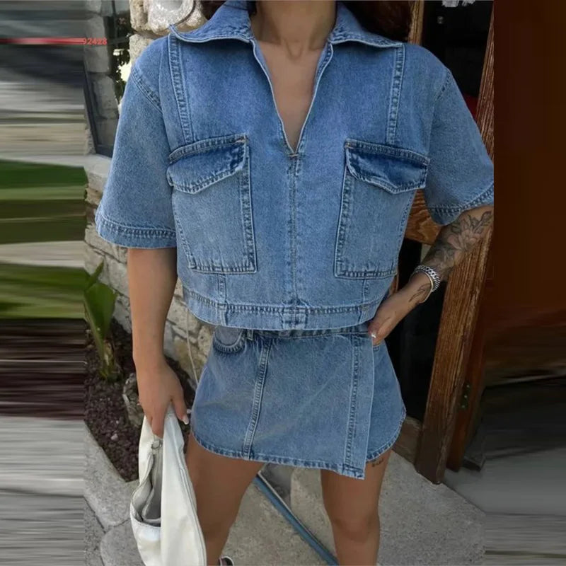 2025 Casual Solid Pocket Outfit Summer V Neck Top with Shorts Two Piece High Waist Denim Suit