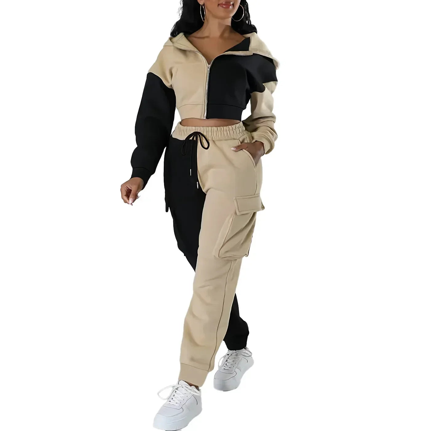 Women Loose Two Piece Matching Set Zip- Up Hoodie And Drawstring Cargo Pants Suit.  S-2x