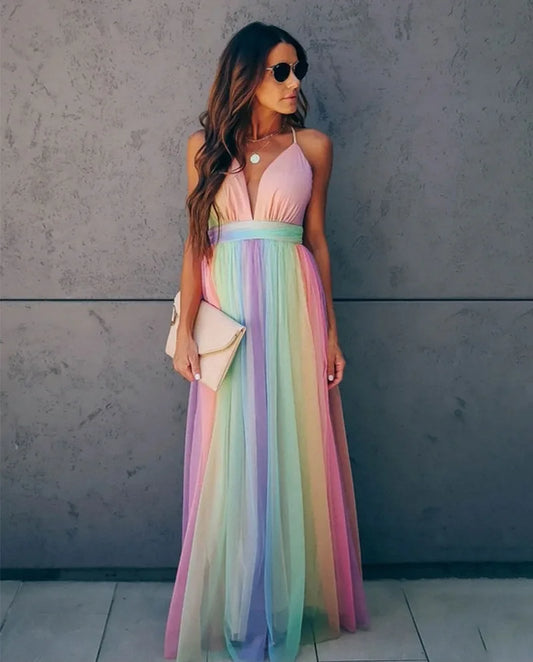 Deep V-neck Rainbow Mesh Sexy Dress High Waist Dress .  S-xxL