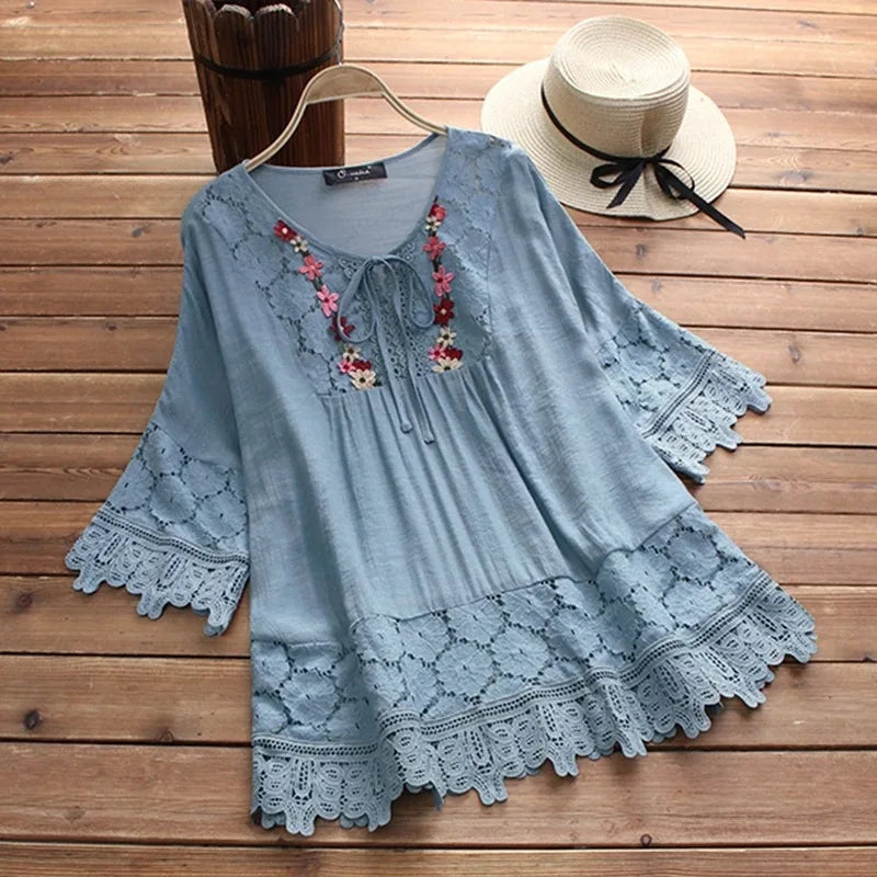 Ladies Solid Cotton And Linen Stitching Lace Flower V-neck Loose Fit Blouse.