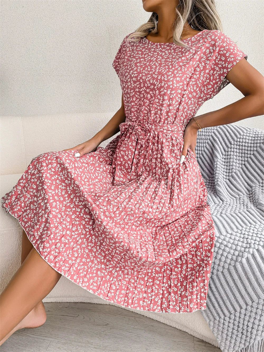Women Spring Summer Short Sleeve High Waist Fashion Floral Pleated A Line Long Dress.  S-6X
