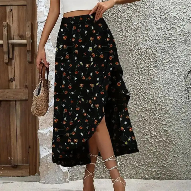 Ruffle Edge Irregular skirt Elegant Fashionable Summer New Midi Floral Print.  S-xxL