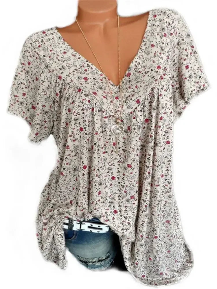 Summer Loose Fit Sleeveless Long V-Neck Ladies Top Floral Print Fashion Top