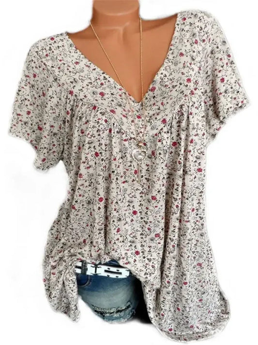Summer Loose Fit Sleeveless Long V-Neck Ladies Top Floral Print Fashion Top
