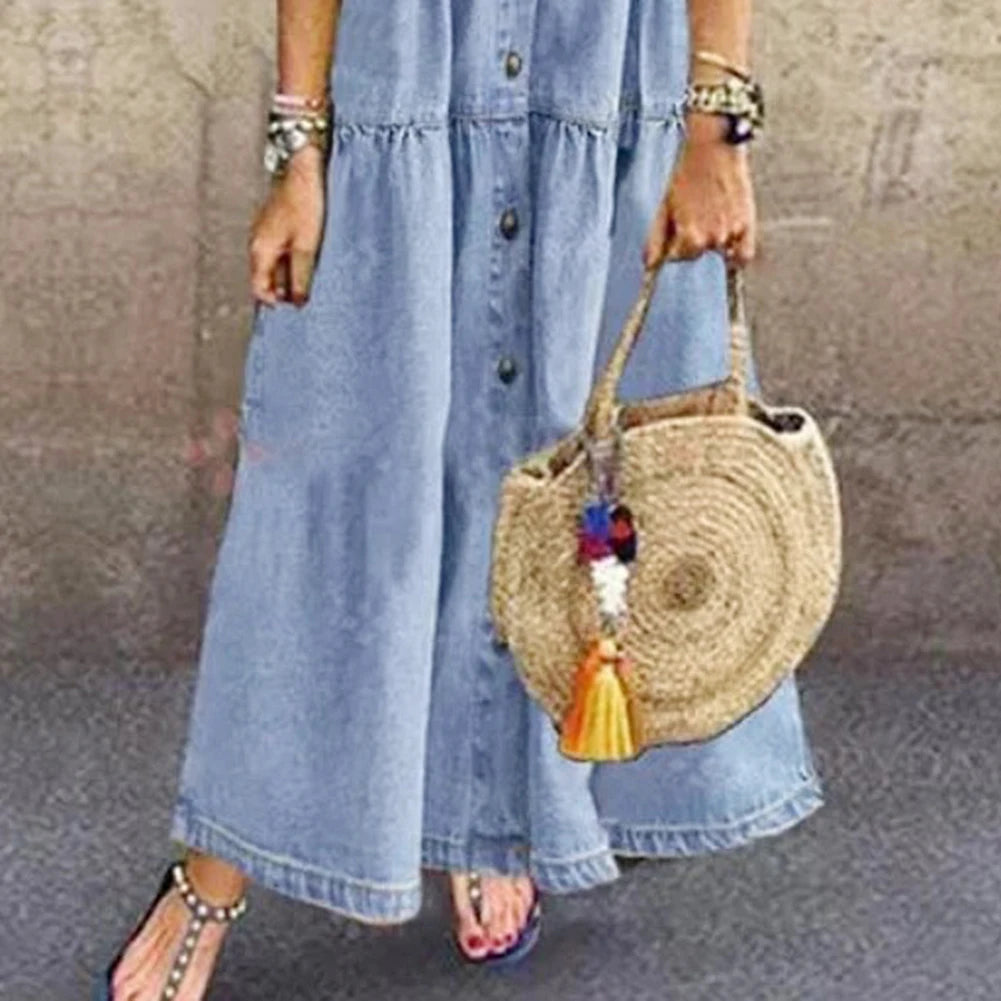 Retro Women Dress Short Sleeve Turn Down Collar Pockets Button Long Loose Denim Long Dress.  S-3X