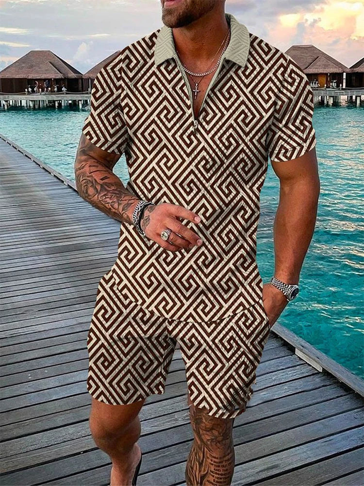 New Summer Trend Retro Print Men's Two Piece Set Casual Zipper Collar Polo Shirt And Shorts .  S-5X