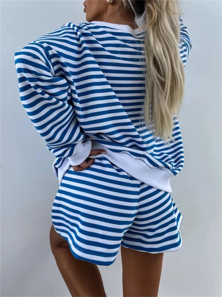 Ladies Striped Sport Two-piece Set Casual Long Sleeved V-neck Sweatshirt And Shorts Oversized And Very Comfortable