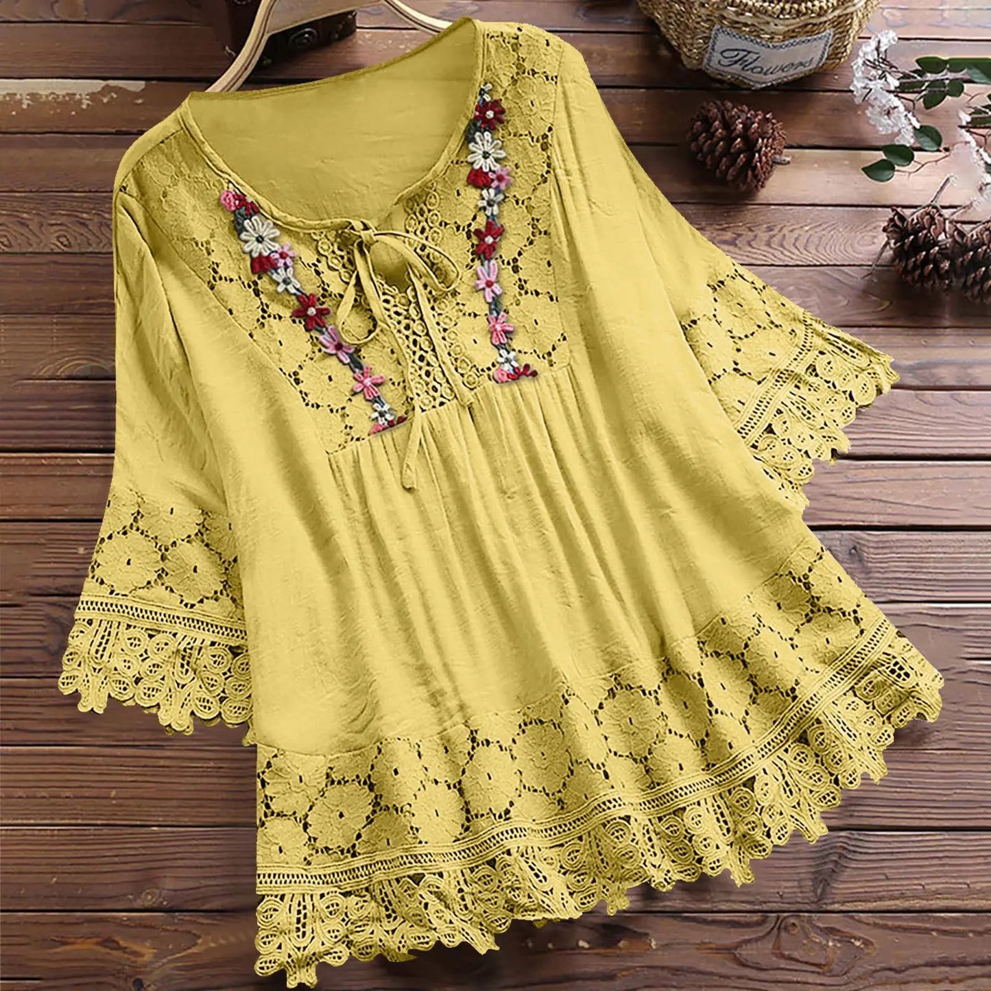 Ladies Solid Cotton And Linen Stitching Lace Flower V-neck Loose Fit Blouse.