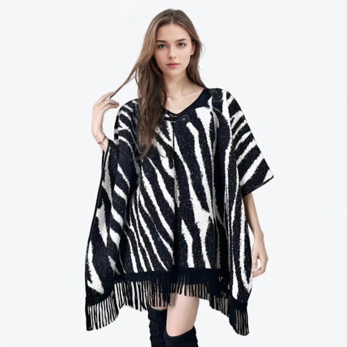 Quality Fashion Classic Leopard Zebra Stripes Like Wool Cape Coat Women Autumn Winter Outerwear Leather Collar.