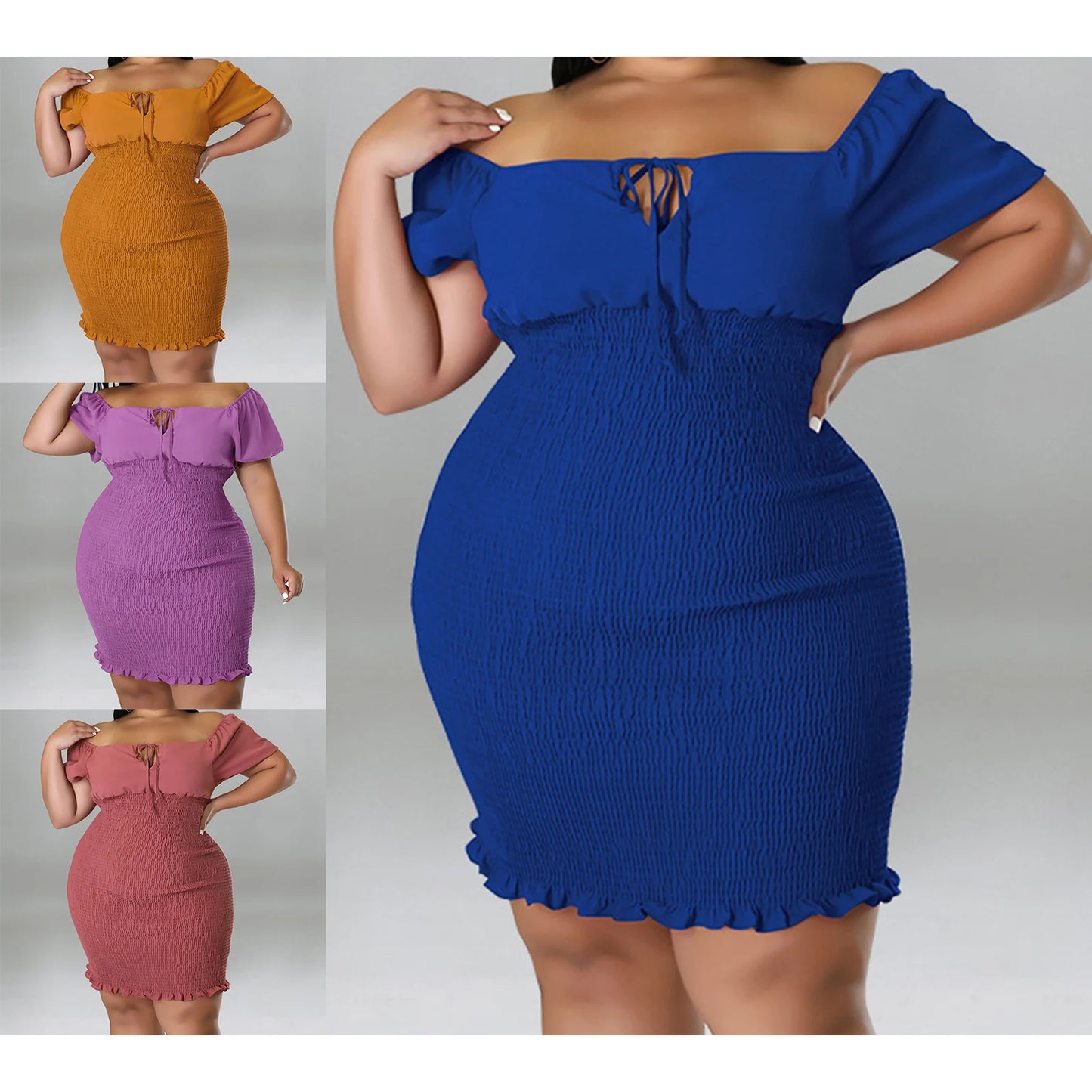 Summer Womens Plus Size Dress Sexy Short Sleeve Off Shoulder Ruffles Bodycon Sexy Solid Dress