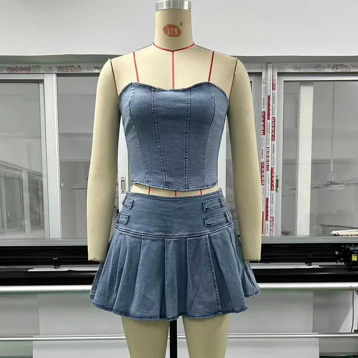 Denim two-piece Set Strapless Top Solid Pleated Mini Skirt Matching Set .  XS-XL