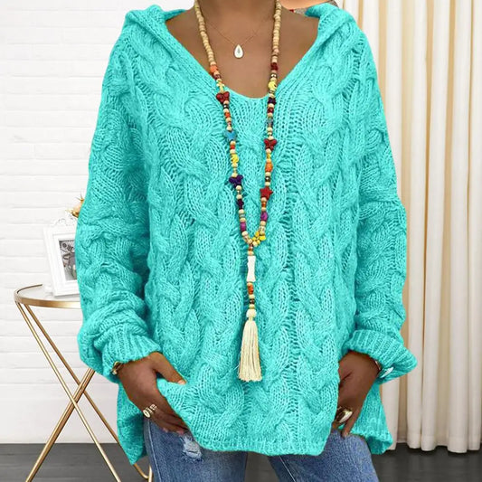 Hooded V-Neck Long Sleeves Twist Knitted Solid Colour Loose Sweater.  S-3x