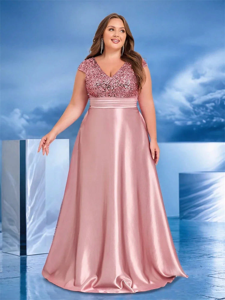 Plus Size Elegant V-Neck Sequin Evening Dress Long Luxury Satin Short Sleeves Party, Prom, Cocktail Dress