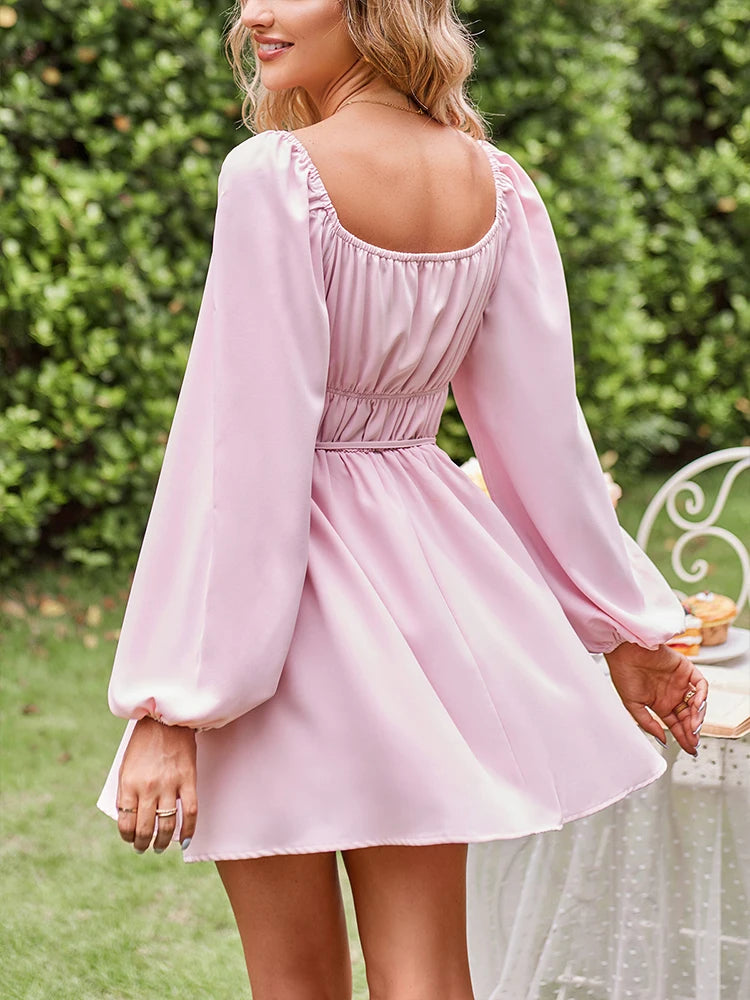 Women's Lantern Sleeve Square Neck Doll Dress A-Line Ruffle Elastic Waist Pink Dress Best for Summer.  S-XL