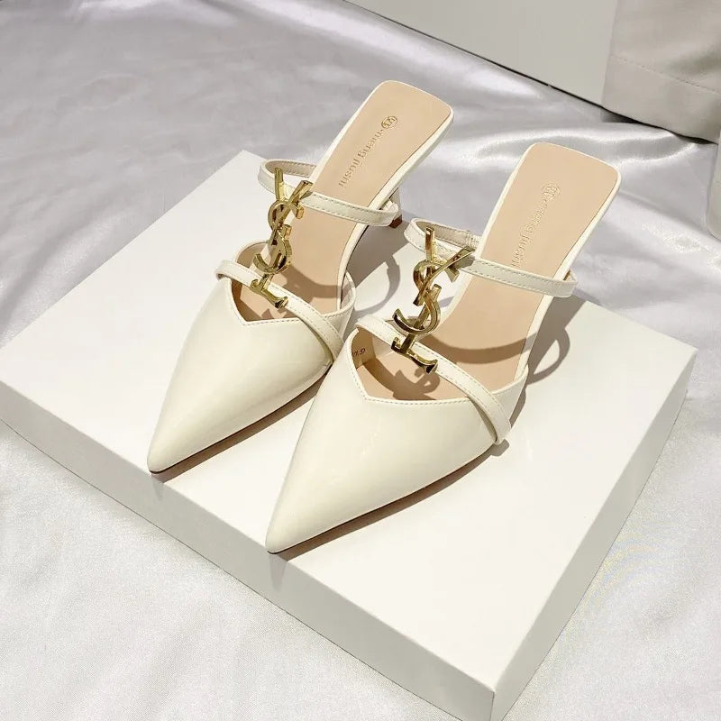 2025 Summer Luxury Women's Metal Decoration Pointed Stilettos Party Sexy High Heels Brand Designer