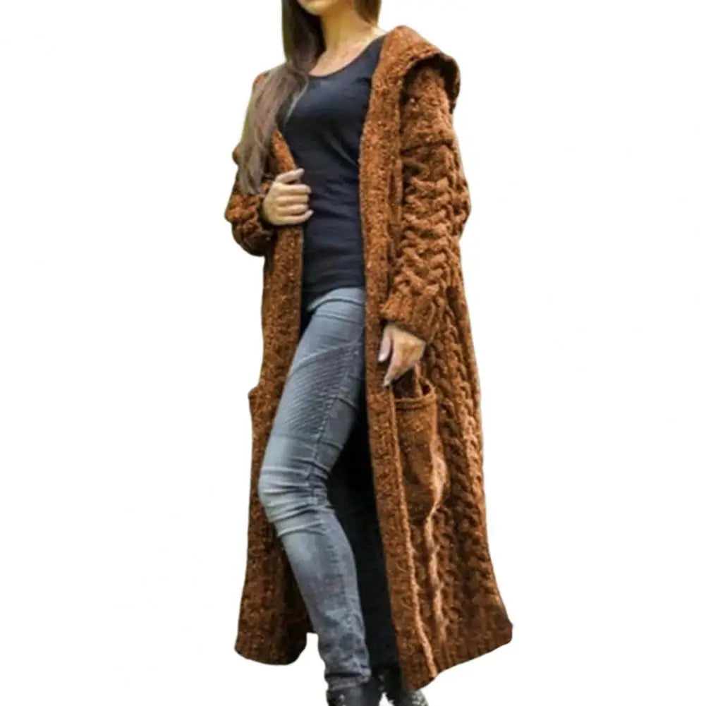 Women Sweater Jacket with Pockets Mid Length Hooded Knitted Twisted Texture Solid Colour Long Sleeve Thick Outerwear.  S-3xl