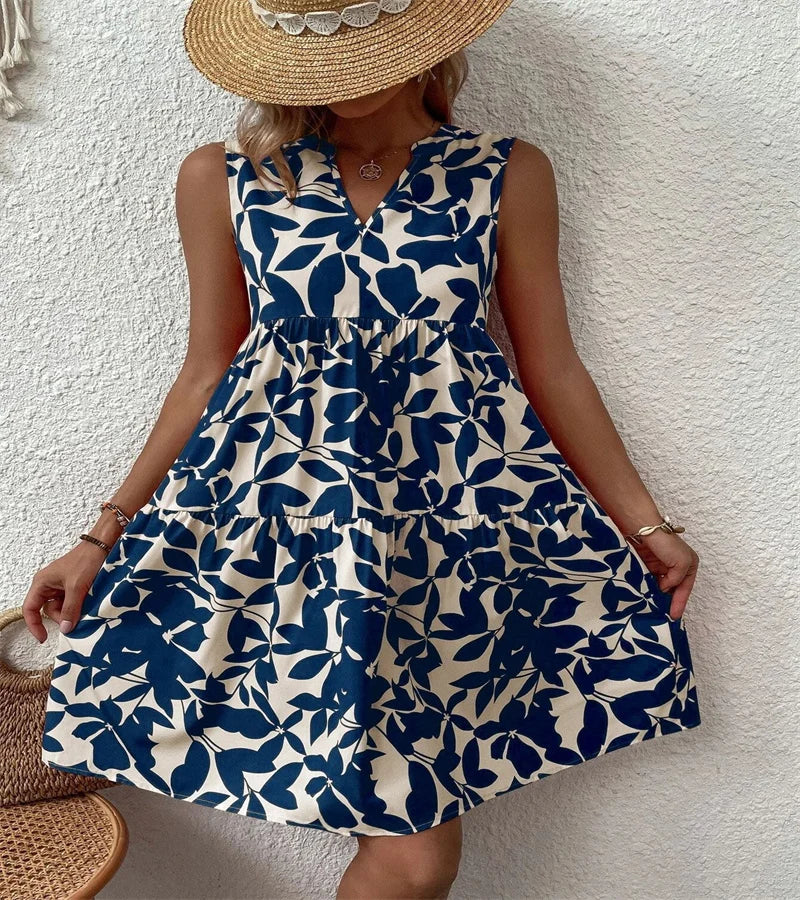 Spring and summer European Ladies Elegant Dress Bohemian fashion loose V-neck ruffle print dress.  S-2X