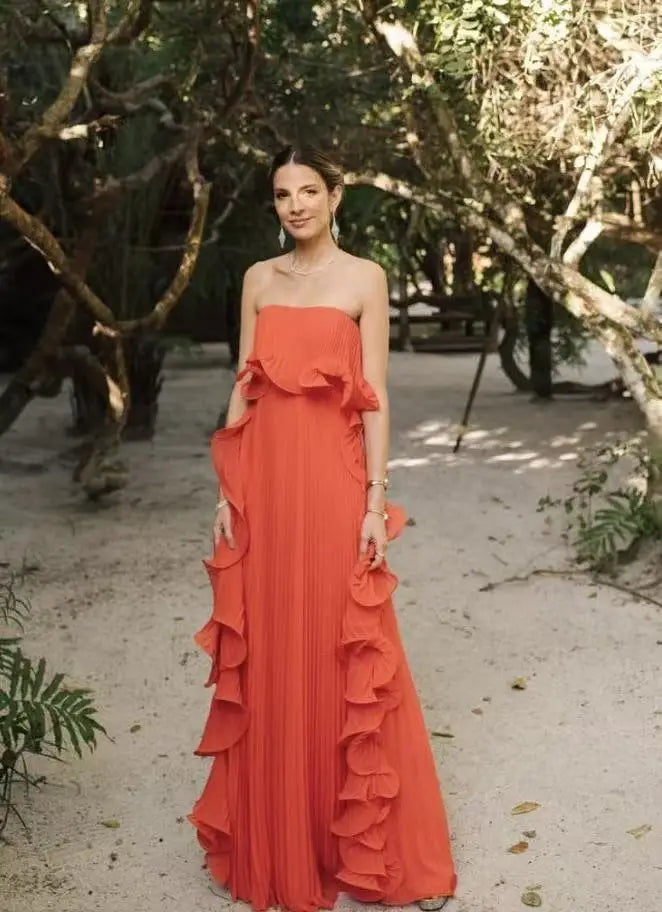 Trendy Women Summer Holiday Dress Pleated Chiffon Long Formal Dress ruffled Strapless Party Dress.  S-2X