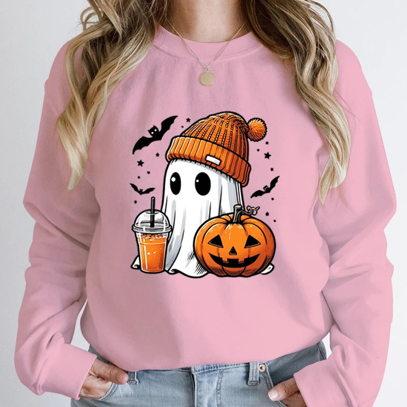 Unisex Fashion Halloween Ghost Pumpkin Bat Print Pullover Ladies Long Sleeve Halloween Sweatshirts.   S-2X
