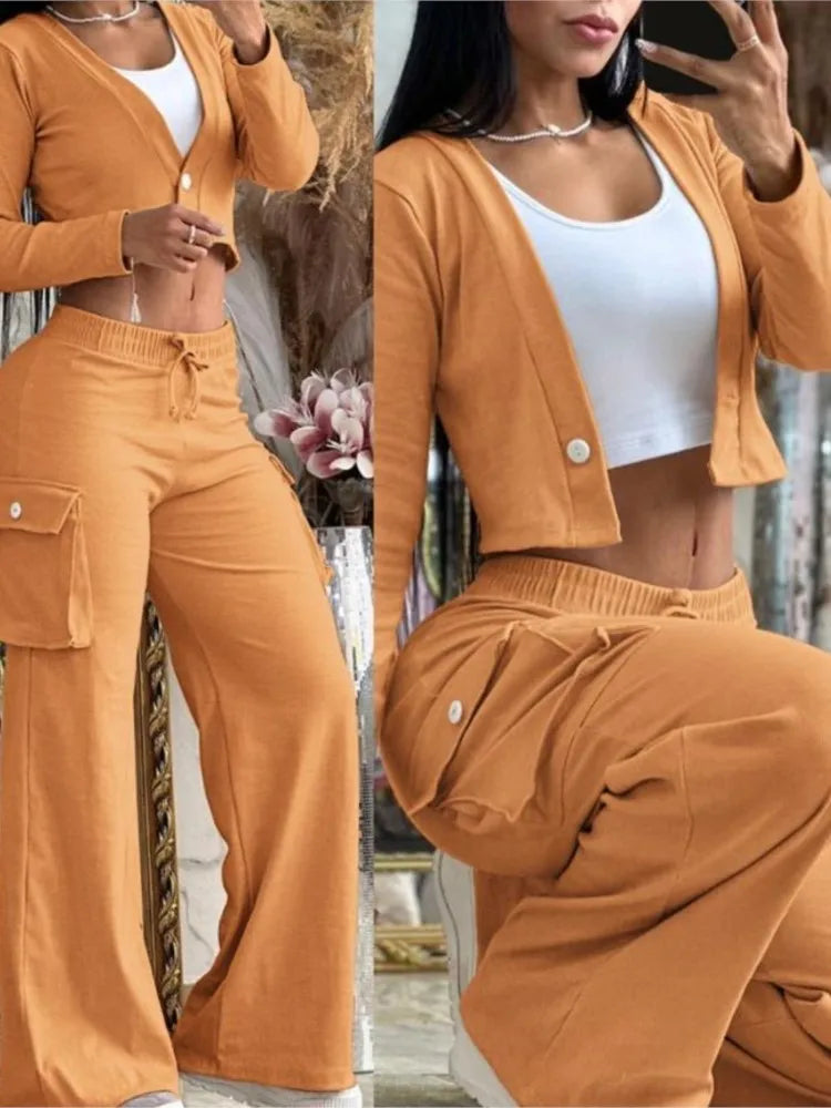 Women's New Fashionable Solid Colour Short Top Casual Pants Set For Women.  S-2X