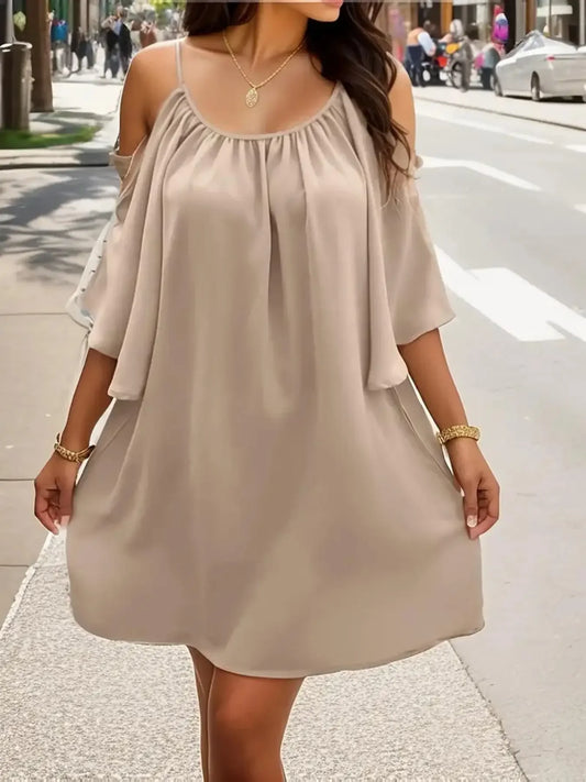 Plus Size 1XL-5XL Women Summer Casual Solid Color Dress Elegant Off Shoulder Relaxed Fit Cute Dress