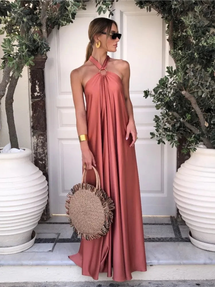 Loose Halter Neck Backless Sexy Satin Evening Dress New Fashion Elegant Dress. S-XL