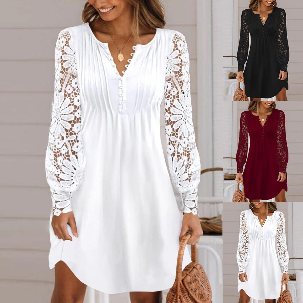 Women Lace Long Sleeved Dress Loose Elegant Spring Summer Fashion Lady Plus Size Dress.