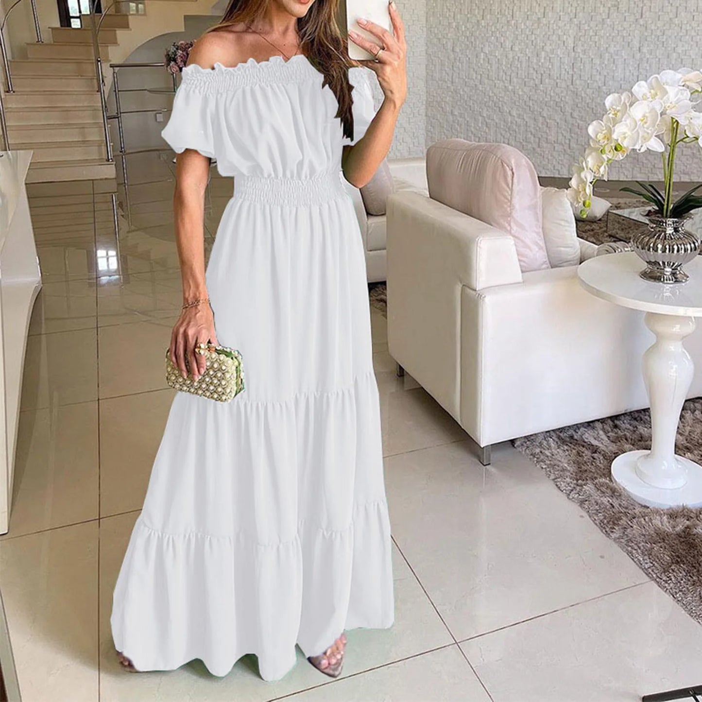 Women Dress Solid Puff Short Sleeves Elastic Waist Casual A-Line High-Waist Off Shoulder Maxi Dress.
