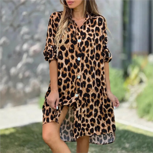 2025 New Elegant Women's Summer Leopard Shirt Dress Spring Casual Fashion Loose Turn Down Collar Mid Calf Straight Long Dress.  S-3X