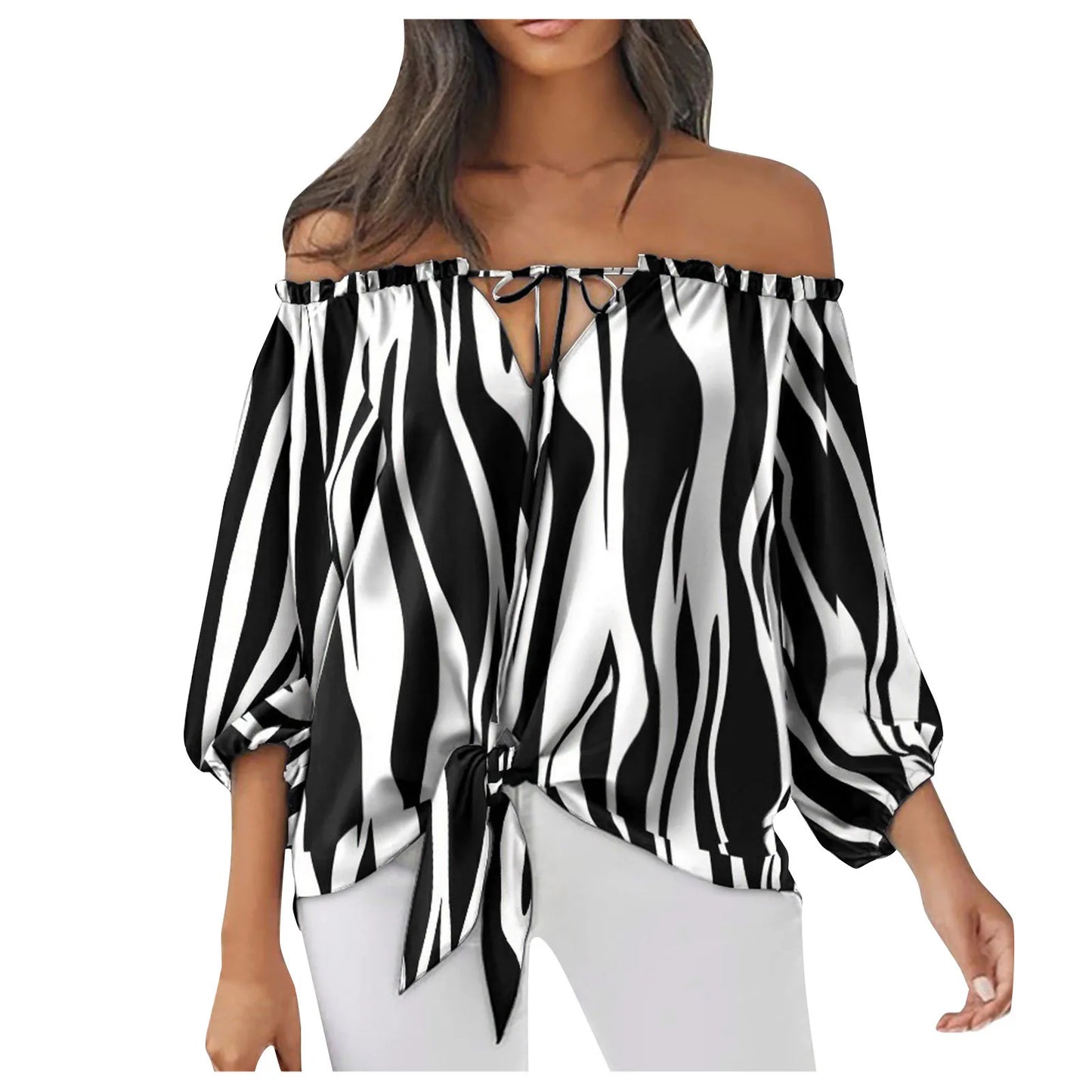 Summer Blouse Sexy Off Shoulder Elegant Women Tops Half Sleeve Casual Loose Solid Colour Tie Blouse