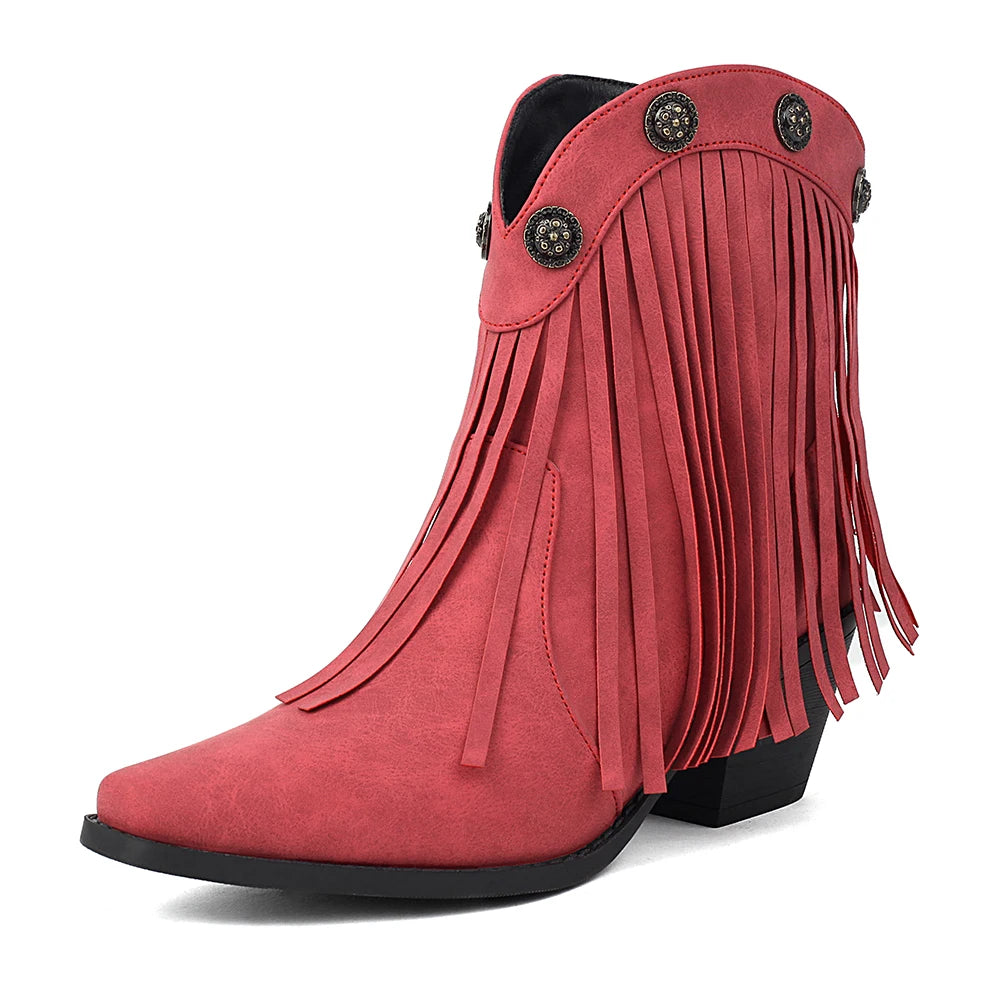 Cowboy Short Boot For Women PU New Tassel Chunky Heel Western Fashion Slip-on  Boots
