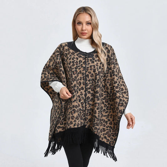 Quality Fashion Classic Leopard Zebra Stripes Like Wool Cape Coat Women Autumn Winter Outerwear Leather Collar.